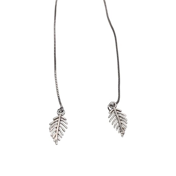 Feather Threader Earrings Long Chain Drop Dangle 925 Silver Leaf Elegant - Picture 5 of 7